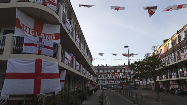 Flags on display at the Kirby Estate ahead of the semi-final against Denmark.