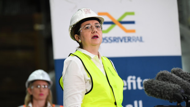 Queensland Premier Annastacia Palaszczuk and minister Kate Jones at  the Cross River Rail's Roma street station construction site last month.