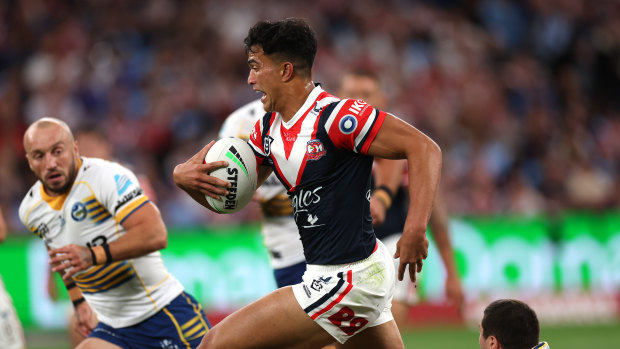 Joseph Suaalii makes a break against the Eels.