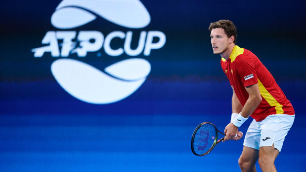 Spain’s Pablo Carreno Busta waits to return serve in his singles rubber of the ATP Cup final.
