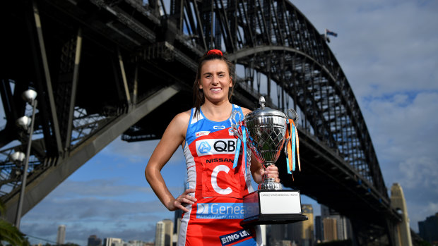 No laughing matter: Swifts captain Maddy Proud will be hoping to hold the Super Netball trophy again in a few months' time.