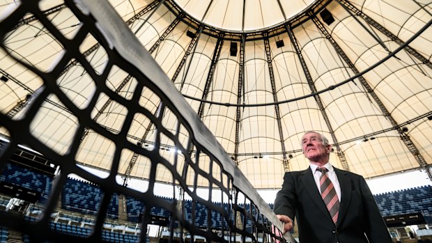 Ken Rosewall at the unveiling of the Sydney Olympic Park Tennis Centre upgrade, which includes a new roof.