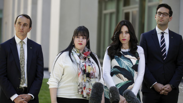 Liberal MP Dave Sharma, left, and Labor MP Josh Burns have backed alleged child sex abuse victims Dassi Erlich, second from left, and Nicole Meyer in their call for former Melbourne school principal Malka Leifer to face justice.