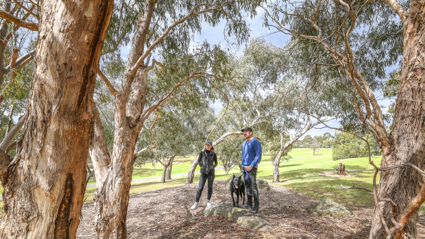 Chris Drieberg, his wife Sharon and their dog Aussie in the Koonung Creek Reserve in North Balwyn. Much of the park will be lost in the widening of the Eastern Freeway.