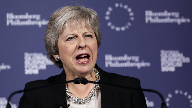 British Prime Minister Theresa May speaks at the Bloomberg Global Business Forum in New York.