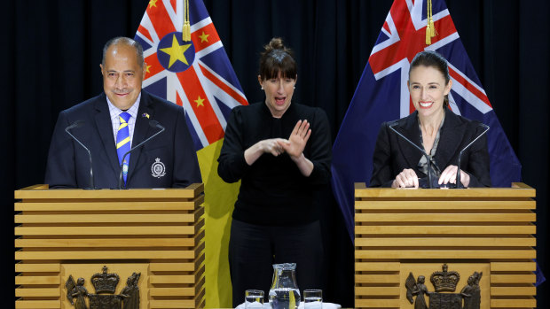 Niue president Dalton Tagelagi and New Zealand prime minister Jacinda Ardern speak to media during a press conference in New Zealand in July. 