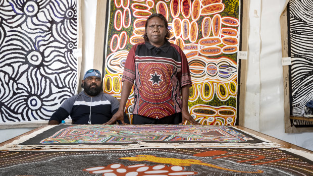 Artists Ralphie Dixon and Matrina Nangala Robertson came from the remote community of Lajamanu in the Northern Territory to sell their work at the Indigenous Arts Market in Acton.