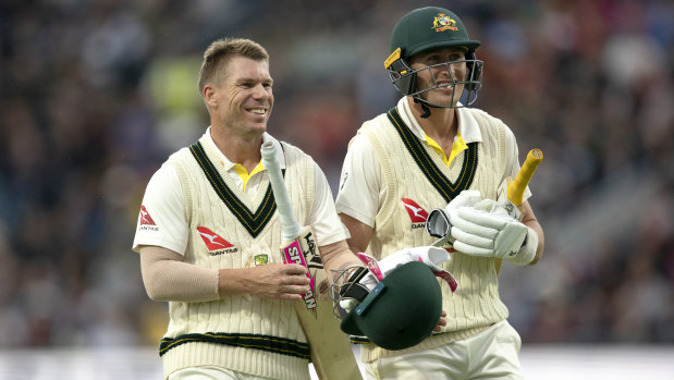David Warner (left) and Marnus Labuschagne were Australia's two best batsmen in the first innings.