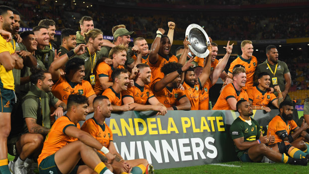The Wallabies celebrate their second victory in a week over the Springboks.