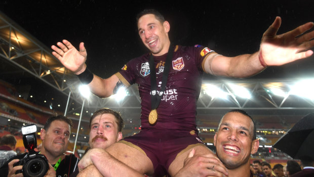 Billy GOAT: Billy Slater of the Maroons is chaired from the field after his final Origin game.