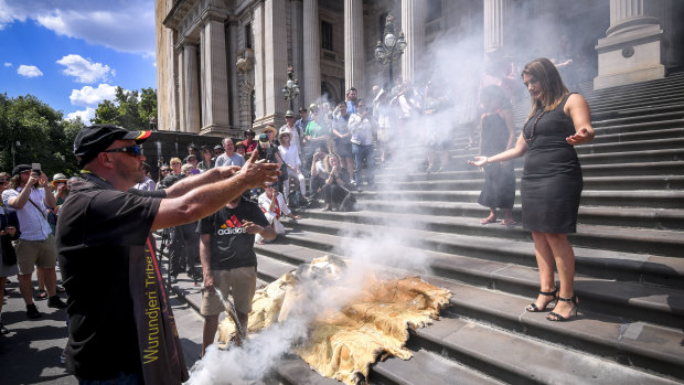 Lidia Thorpe is welcomed to Parliament with a traditional smoking ceremony conducted by Aboriginal elders.