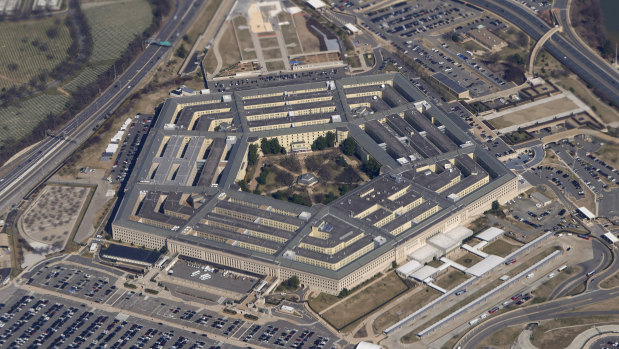 The Pentagon, home to the US Department of Defence, is seen from Air Force One as it flies over Washington. 