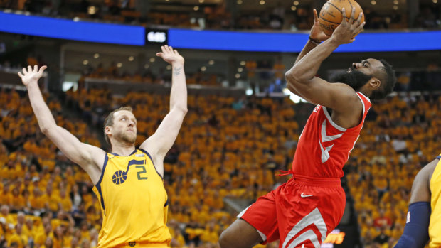 Harden shoots past Jazz forward Joe Ingles during the second-round playoff series. 