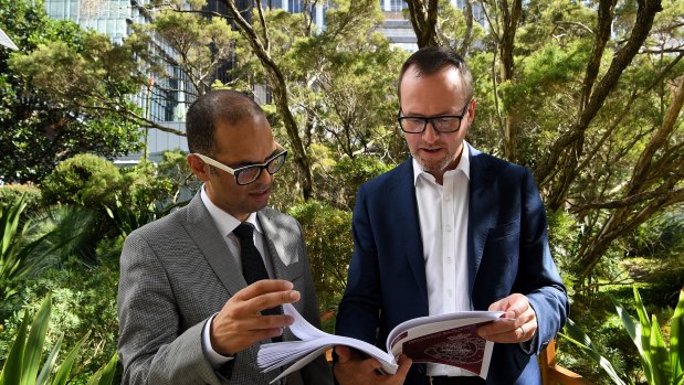 NSW Labor finance spokesperson Daniel Mookhey (left) and NSW Greens MP David Shoebridge (right) read the Upper House Committee report into state insurer icare.