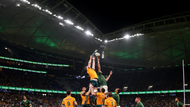 The Wallabies’ lineout against South Africa at Allianz Stadium.