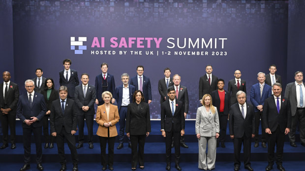 Australian Deputy PM Richard Marles (front row, right) with other leaders  and Anthropic co-founder Dario Amodei (back row, behind US VP Kamala Harris) at an AI Safety Summit last year.