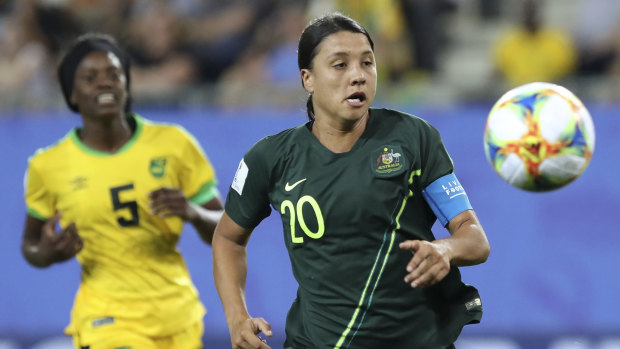 Sam Kerr eyes the ball during the World Cup match between Jamaica and Australia in Grenoble, France.