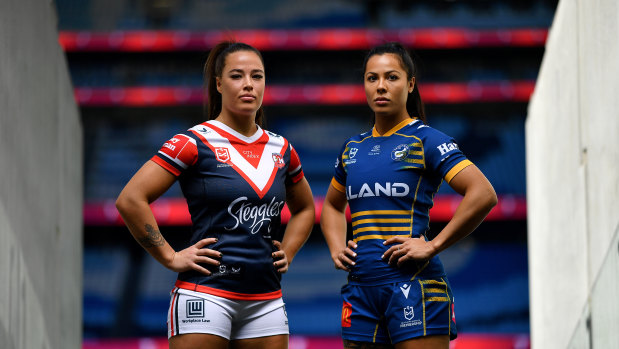 Sydney Roosters star Isabelle Kelly goes head to head with Parramatta sensation Tiana Penitani.