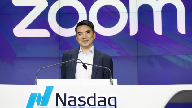 Zoom CEO Eric Yuan attends the opening bell at Nasdaq as his company holds its IPO in New York last year. 