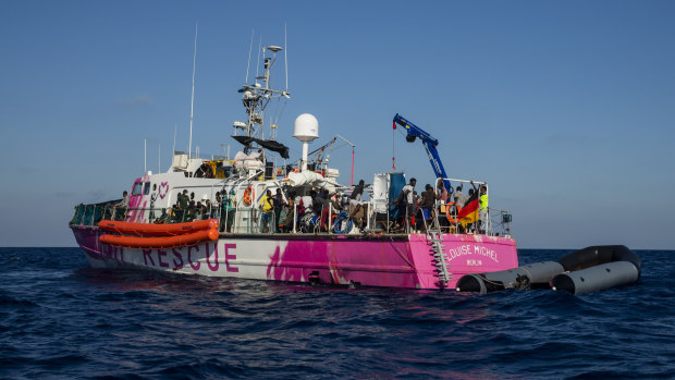 The Louise Michel rescue vessel with people rescued on board.