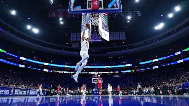 The Cleveland Cavaliers’ Tyrese Proctor goes up for a dunk during the first half of an NBA game against the Philadelphia 76ers last week.