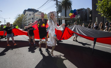 Zodiac wore high heels and a white outfit to help the indigenous First Nations group lead the Midsumma Pride March.