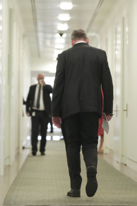 Nationals MP Barnaby Joyce arrives for the leadership ballot. 