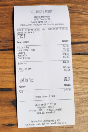 The bill: receipt for lunch at Otello Espresso.
