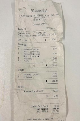 The bill for lunch at Sails at Lavender Bay.