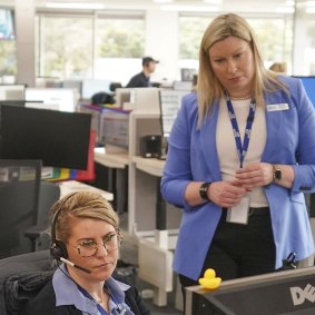 A file photo of Triple Zero Victoria chief operating officer Nicole Ashworth (right) with an ambulance call-taker.