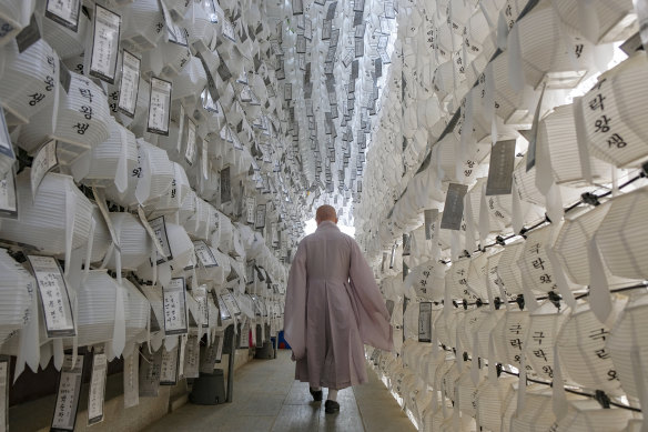  A monk at the Jogyesa Temple in Seoul.