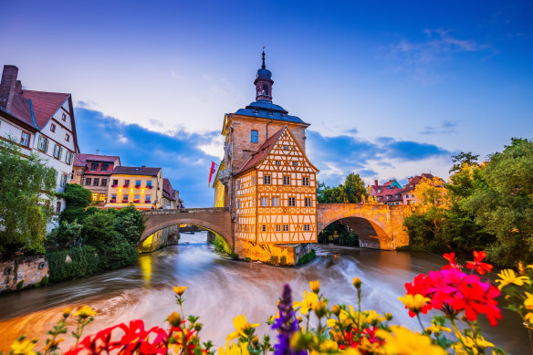 The town hall and a  river scene in Bamberg, Germany.