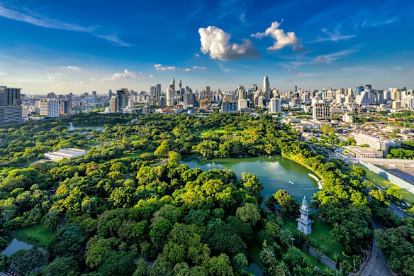 The hotel overlooks Lumphini Park, one of the crowded Thai capital’s few green spaces.