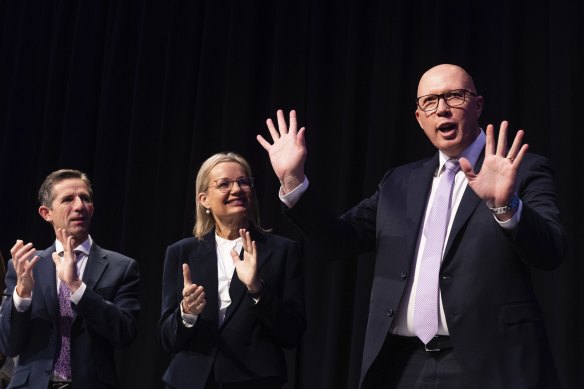 Opposition Leader Peter Dutton with colleagues Simon Birmingham (left) and Sussan Ley at the Hyatt Regency in Sydney on Saturday.