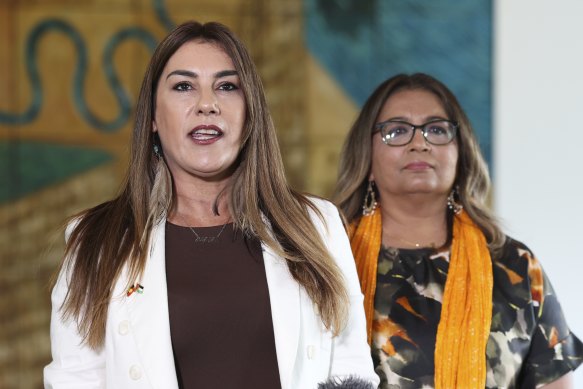 Independent senator Lidia Thorpe and Greens senator Mehreen Faruqi at a press conference at Parliament House on Monday.