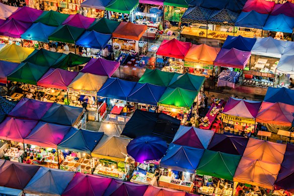 Bangkok’s Ratchadapisek night market, known for its rows upon rows of colorful tents 