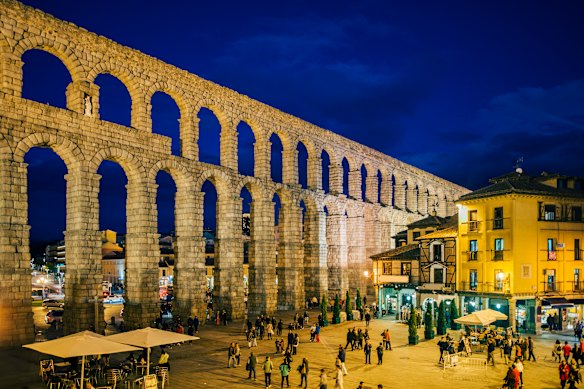 The ancient Roman aqueduct is a premier attraction in Segovia, Spain.