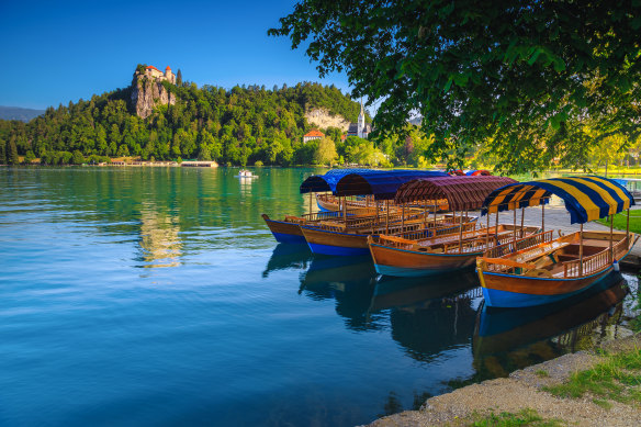 Boats on Lake Bled, Slovenia.