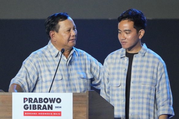 Prabowo Subianto with his running mate, Gibran Rakabuming Raka, after the Indonesian elections on February 14. 