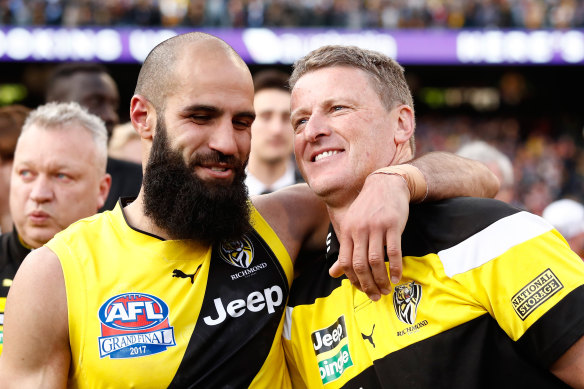 Tigers coach Damien Hardwick, right, with Bachar Houli after Richmond’s 2017 grand final win.