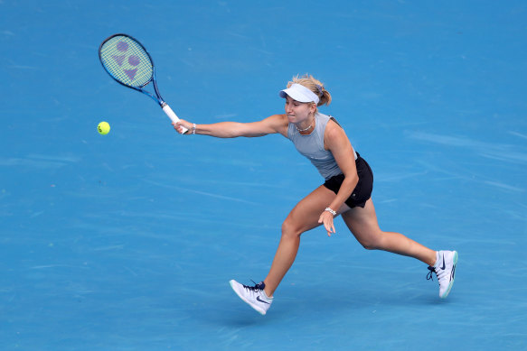 Australian Daria Gavrilova plays a forehand in a tune-up against Serena Williams at Melbourne Park. 