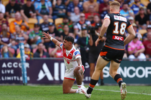 Jayden Sullivan celebrates a try in May.