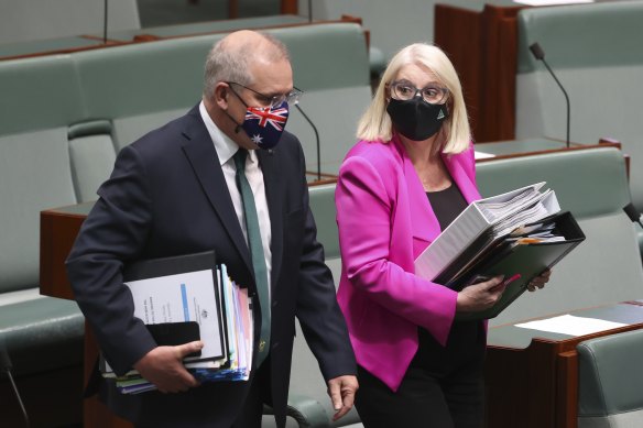 Home Affairs Minister Karen Andrews in Parliament with Prime Minister Scott Morrison.