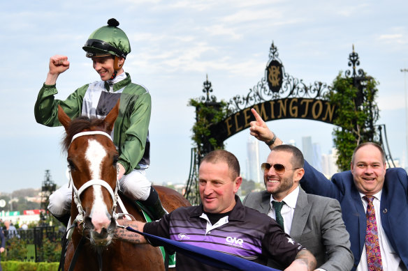 Jye McNeil celebrates the Turnbull Stakes win on Kings Will Dream.