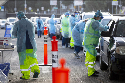 Up to 50 cars waited in line to be tested at the Bondi Beach drive-through COVID-19 test clinic on Tuesday.
