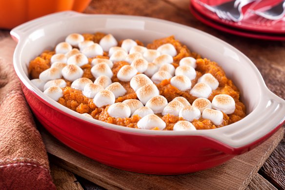 Sweet potato casserole with marshmallows. Yes, it’s a real thing.