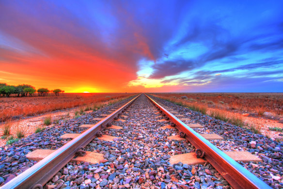 The Indian Pacific travels the world’s longest stretch of straight track, across the Nullarbor.
