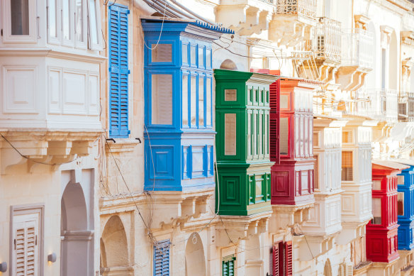 Traditional colorful balconies in Sliema, Malta.