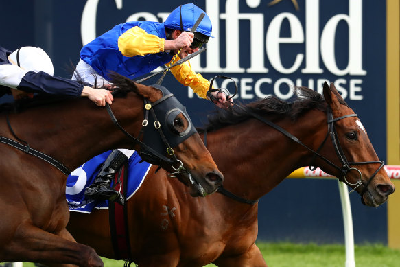 Brad Rawiller rides Black Heart Bart to victory in Sunday's Underwood Stakes at Caulfield.