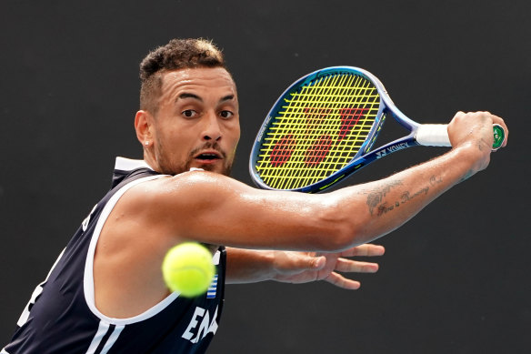 Nick Kyrgios shows his style at Melbourne Park on Saturday and admits to being disappointed compatriot Alex de Minaur is missing the Australian Open through injury. 